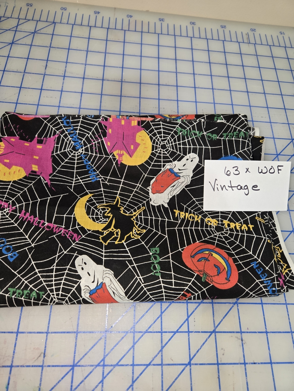 Halloween Spiderweb Fabric Panel - Black Background with Colorful Motifs